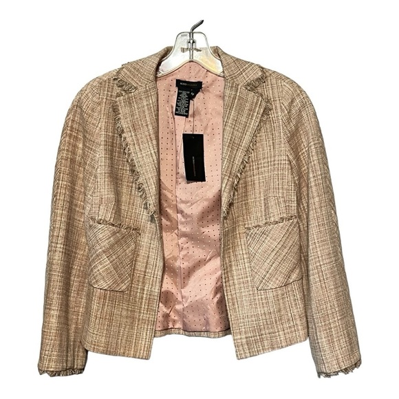 BCBGMAXAZRIA Silk Tweed Blazer Beige & Blush Cropped Fringe Trim Woven Jacket XS - Picture 2 of 5